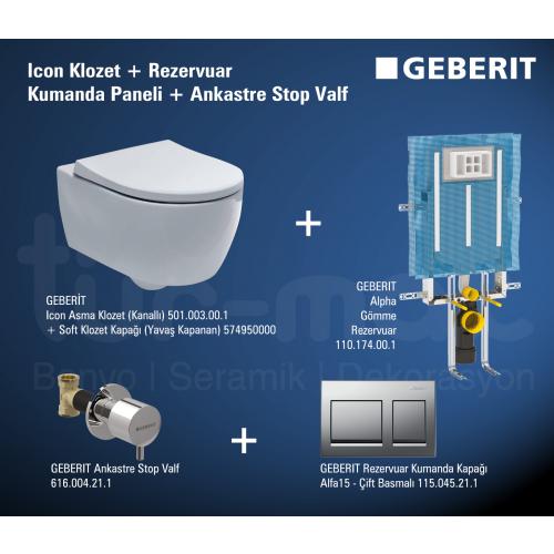 Geberit Icon Klozet + Rezervuar  + Kumanda Paneli + Ankastre Stop Valf