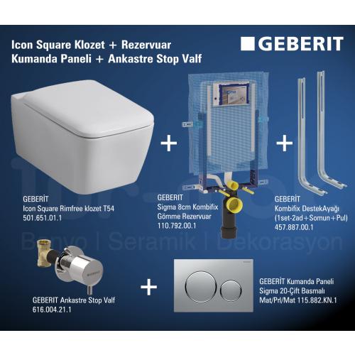 Geberit Square Klozet + Rezervuar + Destek Ayağı + Kumanda Paneli + Ankastre Stop Valf